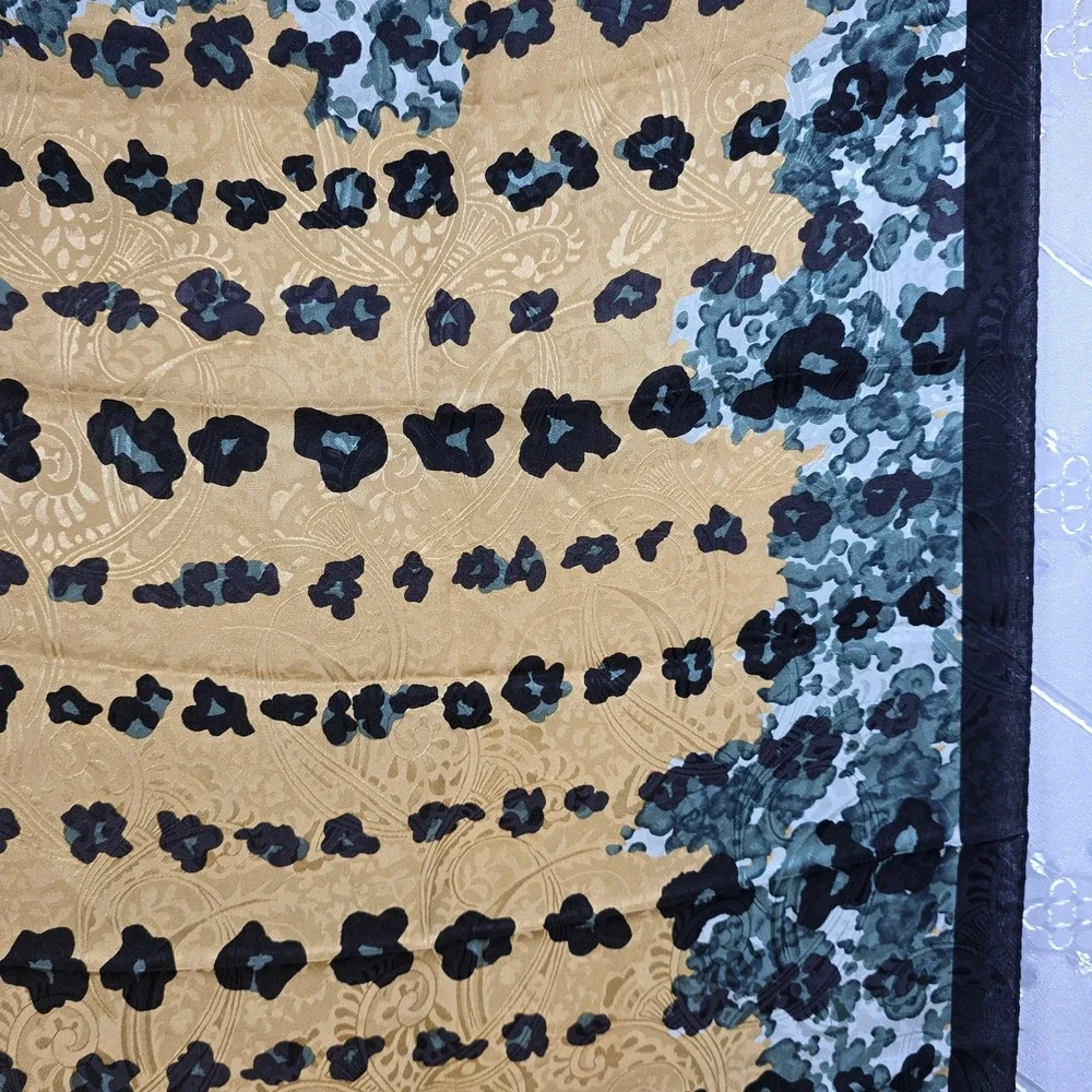 Anne Klein 100%‎ Silk Scarf Leopard Floral Gold Green Black Square 34 Inch